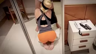Blonde milf kneels down to blow schlong and take sperm.