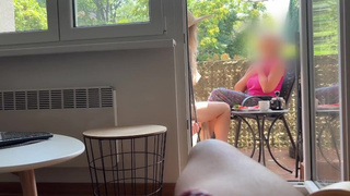 My hubby is jerking off and sperm in front of my mom a while we talk on balcony