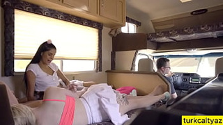 Step-siblings are having group sex in the caravan. Porn with Turkish subtitles.