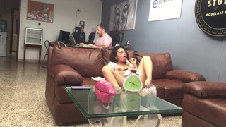 Cleaning skank records herself masturbating on the office couch next to her boss