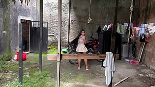 MY GOD public student lets her teacher fuck her when he catches her bringing clothes through the backyard of her house