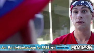 Stepmom and Stepdaughter Share a Prick During a Family BBQ, Swallowing and Fucking