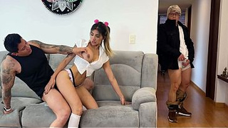 TABOO! Charming Hispanic in a miniskirt lets her stepbrother and stepfather fuck her 1 after the other!